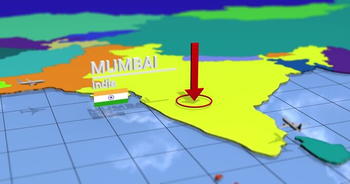 Mumbai india location on animated 3d map with flag