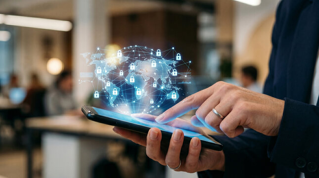 Ai federated learning network security on tablet with lock data concept and blurred office background