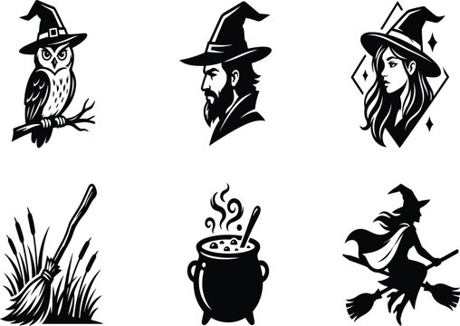 Witchcraft elements set black and white vector illustrations on white background