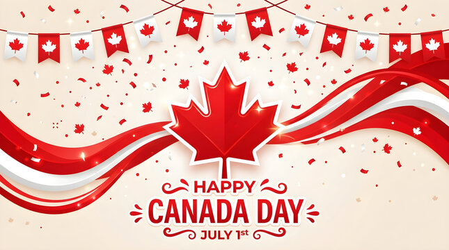Happy canada day festive celebration with maple leaf and canadian flags