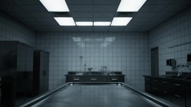 Empty Examination Room with Autopsy Table and Medical Equipment Under Bright Lights