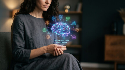 Fototapeta premium Federated learning network ai woman seated digital brain concept