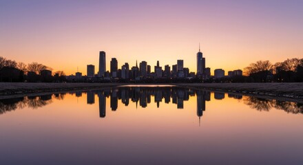 Naklejka premium Sunset over city skyline reflected in calm lake water with trees