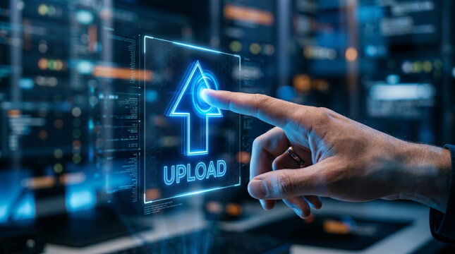 Ai federated learning network upload finger on digital interface in server room with blue glow