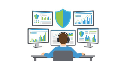 Fototapeta premium Cybersecurity Analyst Monitoring Data Performance and Network Security on Multiple Screens Vector Illustration
