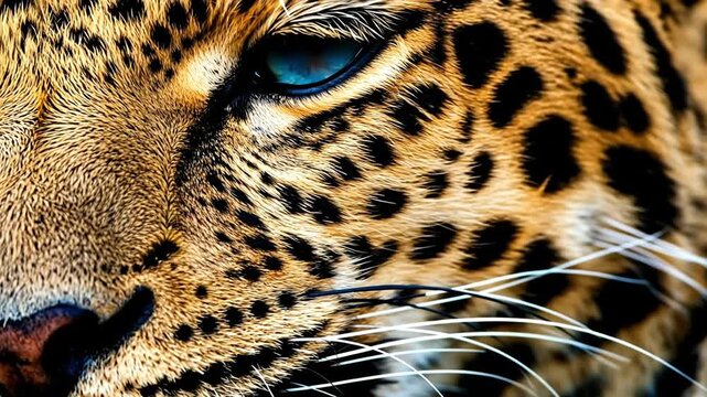 Close-up of a leopard's eye and spotted fur. Majestic and intense.
