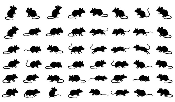 Mouse silhouette set with small mice in sitting running and profile poses vector collection