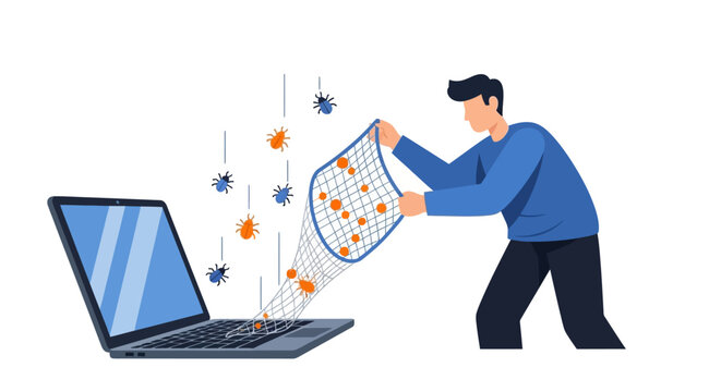 Cybersecurity Professional Catching Software Bugs with a Net from a Laptop Vector Illustration of Debugging and Virus Protection