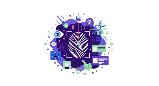 Biometric Security and Digital Identity Concept Illustration with Fingerprint, Iris Scan, and Data Privacy Icons