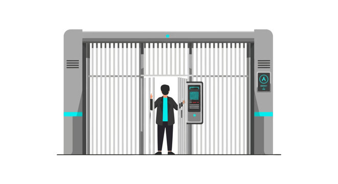 Futuristic Security Gate Illustration with Man Entering Automated High-Tech Facility and Digital Access Control System