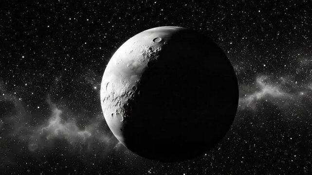 Black and white lunar surface rotating in space with starry night sky view, dark side of the moon