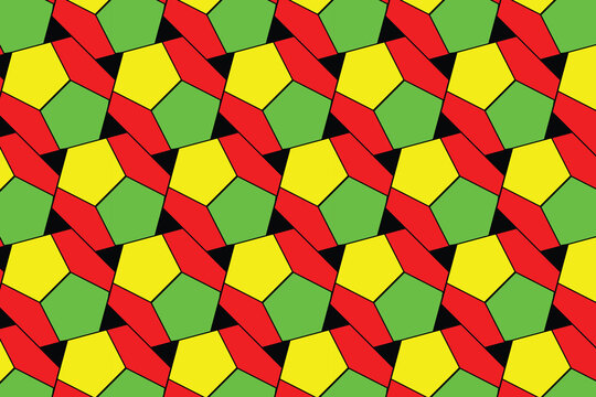 Geometric pentagon tiling pattern, seamless abstract tessellation in red yellow and green, vibrant mathematical vector background for textile design