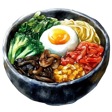 Bibimbap, graceful vector watercolor painting with soft flowing strokes and subtle highlights, isolated on a white background.