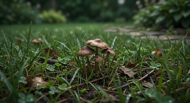 雨上がりの湿った芝生に生えた野生の小さなキノコ、庭の生態系と自然の驚き