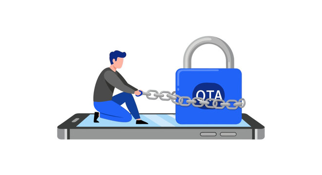 OTA Software Update Security Concept with Man Pulling Chain on Large Blue Padlock over Mobile Phone Interface