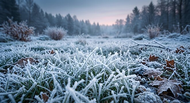 冬の朝に霜が降りた芝生、凍りついた草の葉と冷たい空気の風景