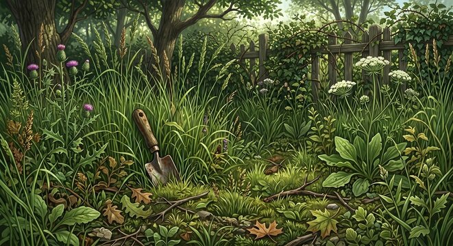 長い間手入れされずに伸び切った芝生と雑草、荒廃した庭のリアルな質感