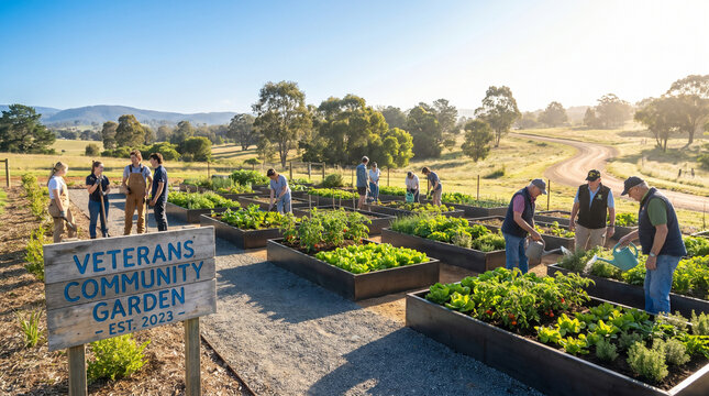 Wide aerial-style view of a rural May morning at a veteran's community garden project, rows of raised beds freshly planted with spring veget 2