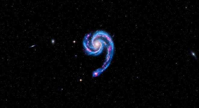 A vibrant spiral galaxy swirls brightly in deep space surrounded by stars.