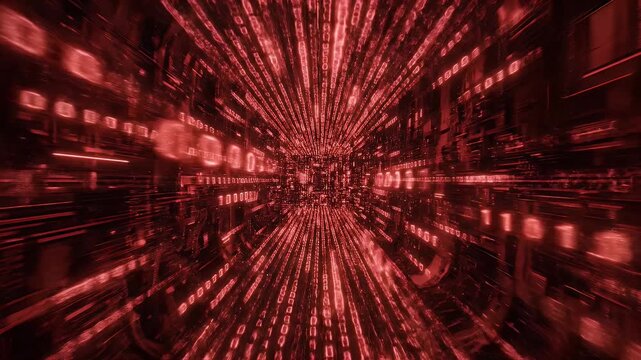 Abstract Red Digital Tunnel with Binary Code Flowing.