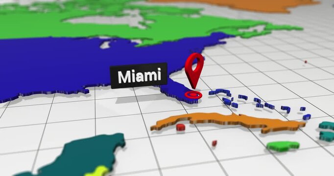 Animated 3d world map with location pin pointing to miami