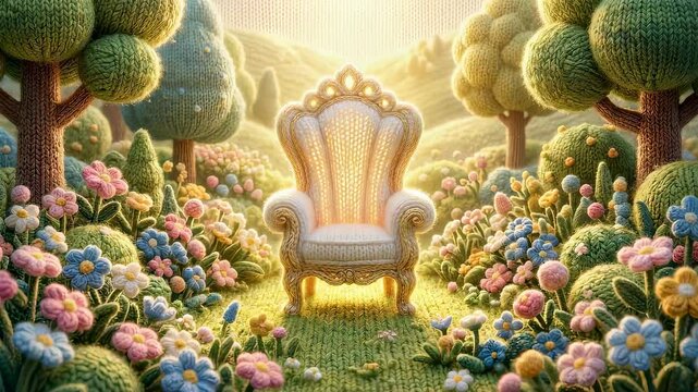 Knitted throne in sacred garden with blooming flowers. Christian kingdom concept with divine light. Biblical celestial scene representing holy heaven with craft.