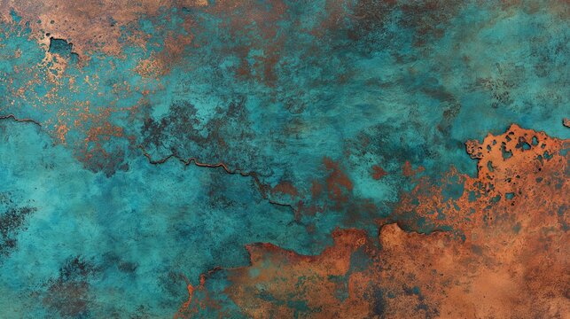 Abstract oxidized copper texture featuring vibrant turquoise verdigris patina and contrasting earthy rust-orange weathered metal patterns.