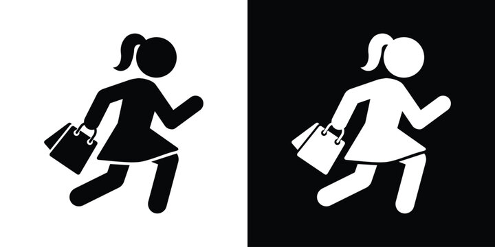 Energetic silhouette of a woman running while holding shopping bags. Icon depicting rush sales, limited time offers, or Black Friday retail excitement.
