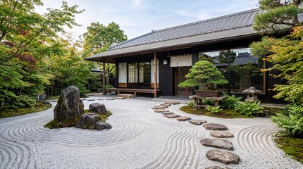 Obraz premium Serene Japanese garden with traditional architecture.