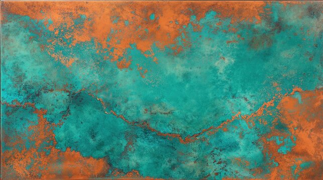 Abstract oxidized copper texture featuring vibrant turquoise verdigris patina and contrasting earthy rust-orange weathered metal patterns.