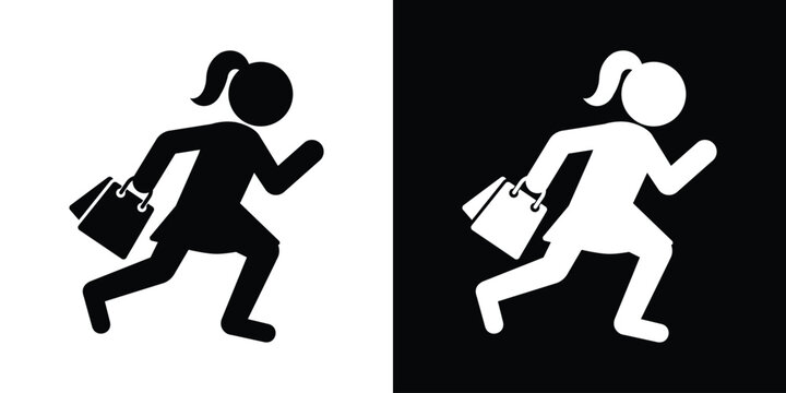 Energetic silhouette of a woman running while holding shopping bags. Icon depicting rush sales, limited time offers, or Black Friday retail excitement.