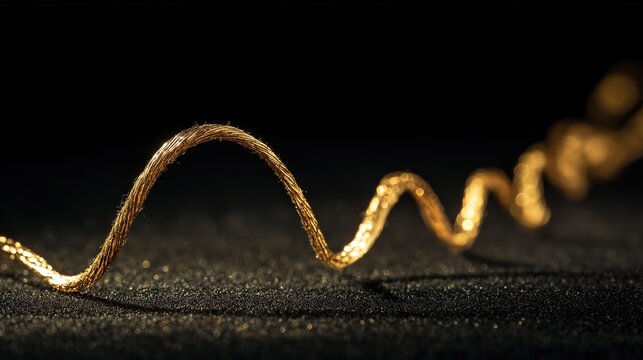 Extreme macro of a braided golden copper wire in a spiral wave pattern on a dark textured background with dramatic bokeh lighting.