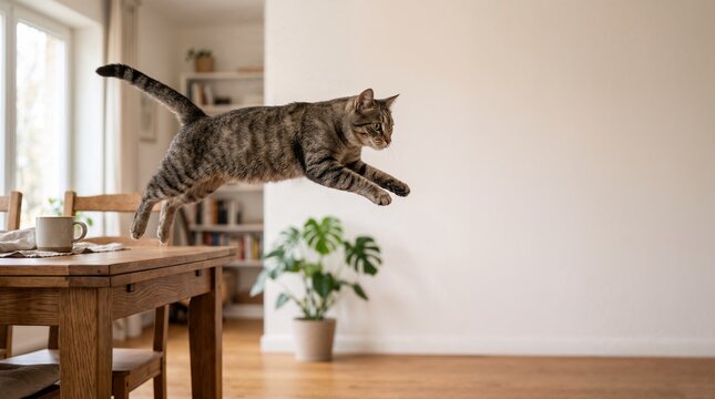 A cat jumping over a wooden table.