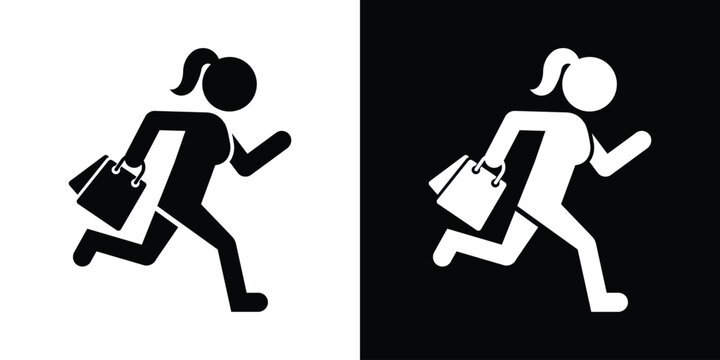 Energetic silhouette of a woman running while holding shopping bags. Icon depicting rush sales, limited time offers, or Black Friday retail excitement.