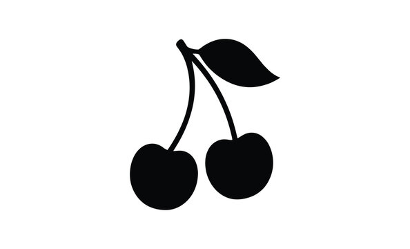 A simple black graphic depicts two cherries hanging from a curved branch silhouette