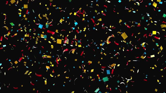 4K Confetti Celebration Falling On black background. Gold Confetti Particles failing animation for overlay. 3D exploding confetti effect.