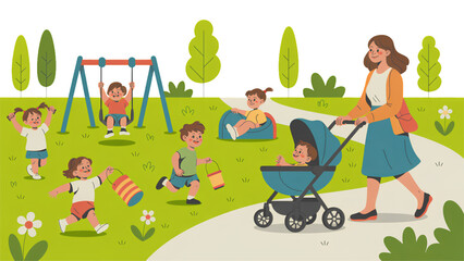 Children playing soccer with a baby in a stroller on a sunny grass field Vector