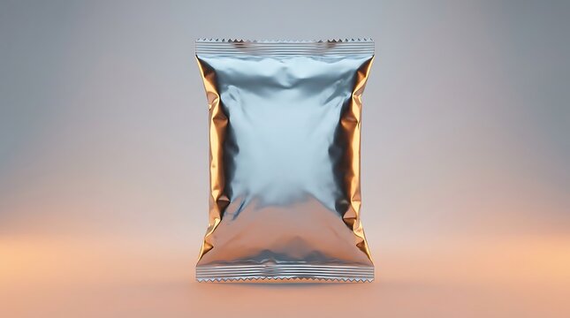Metallic chrome potato chip pouch mockup isolated on gradient studio background with realistic reflections and crinkles for commercial presentation