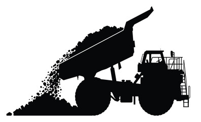 A large mining dump truck unloading material depicted in striking silhouette © Aklima