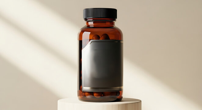 A brown medicine bottle sits on a wooden pedestal in sunlight.