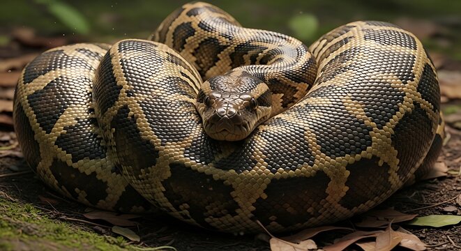 Close-up shot of a coiled Burmese python snake showing intricate patterns on its scales in a natural outdoor setting