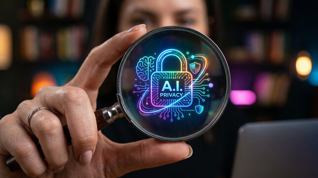 Ai federated learning network privacy concept with magnifying glass and lock, digital security in blurred office