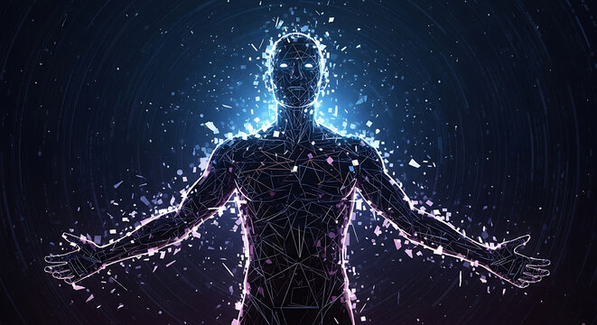 A futuristic human figure disintegrates into particles in a dark blue environment
