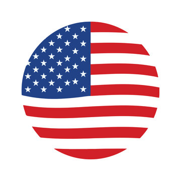A round patriotic badge featuring the national United States flag with red and white stripes and white stars on a blue background as a symbolic USA icon for American patriotism