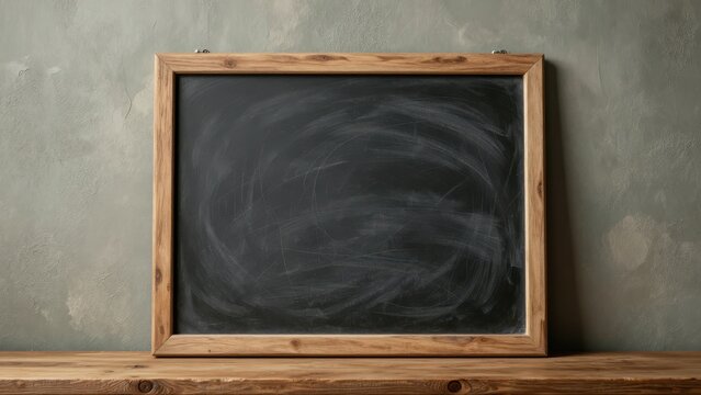 Empty Chalkboard on Wooden Shelf Against Textured Grey Wall