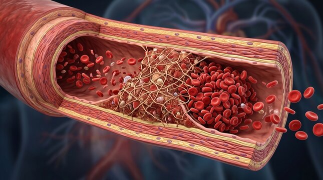 Illustration of thrombus formation showing a blood clot with a fibrin network in an artery