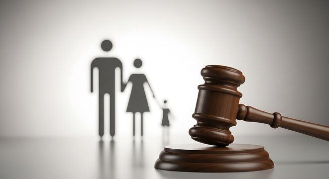 Family law concept with gavel and silhouette of parents with child