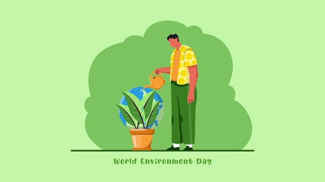 Video animation motion graphic of man watering plant for environmental care 2D flat cartoon stock footage 4K high quality