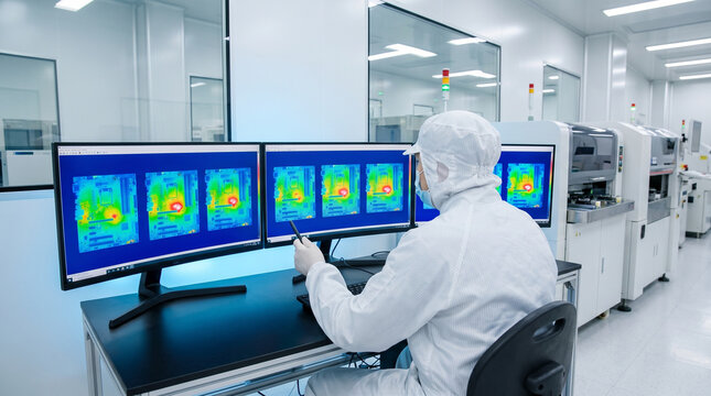 Over-the-shoulder angle of a circuit board production technician reviewing a thermal imaging scan of a completed motherboard on a monitor, t 2