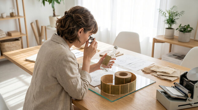 Over-the-shoulder view of a sustainable label designer proofreading a freshly printed run of compostable product labels at a small press tab 2